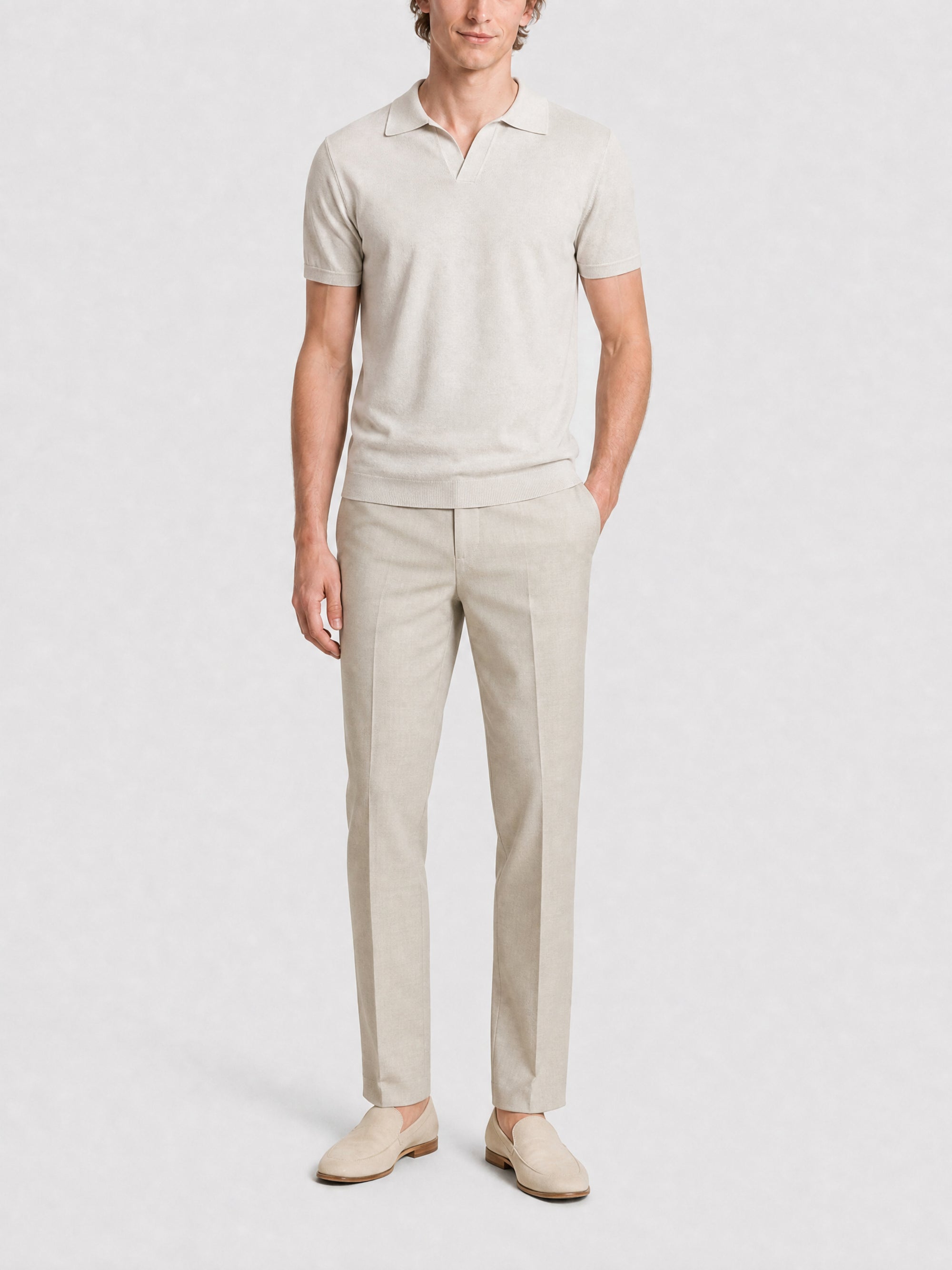Pantalon droit à taille élastiquée en laine mélangée - Stone Grey