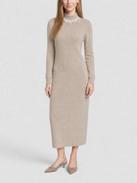 Robe brodée à franges cristal en laine - Natural Beige