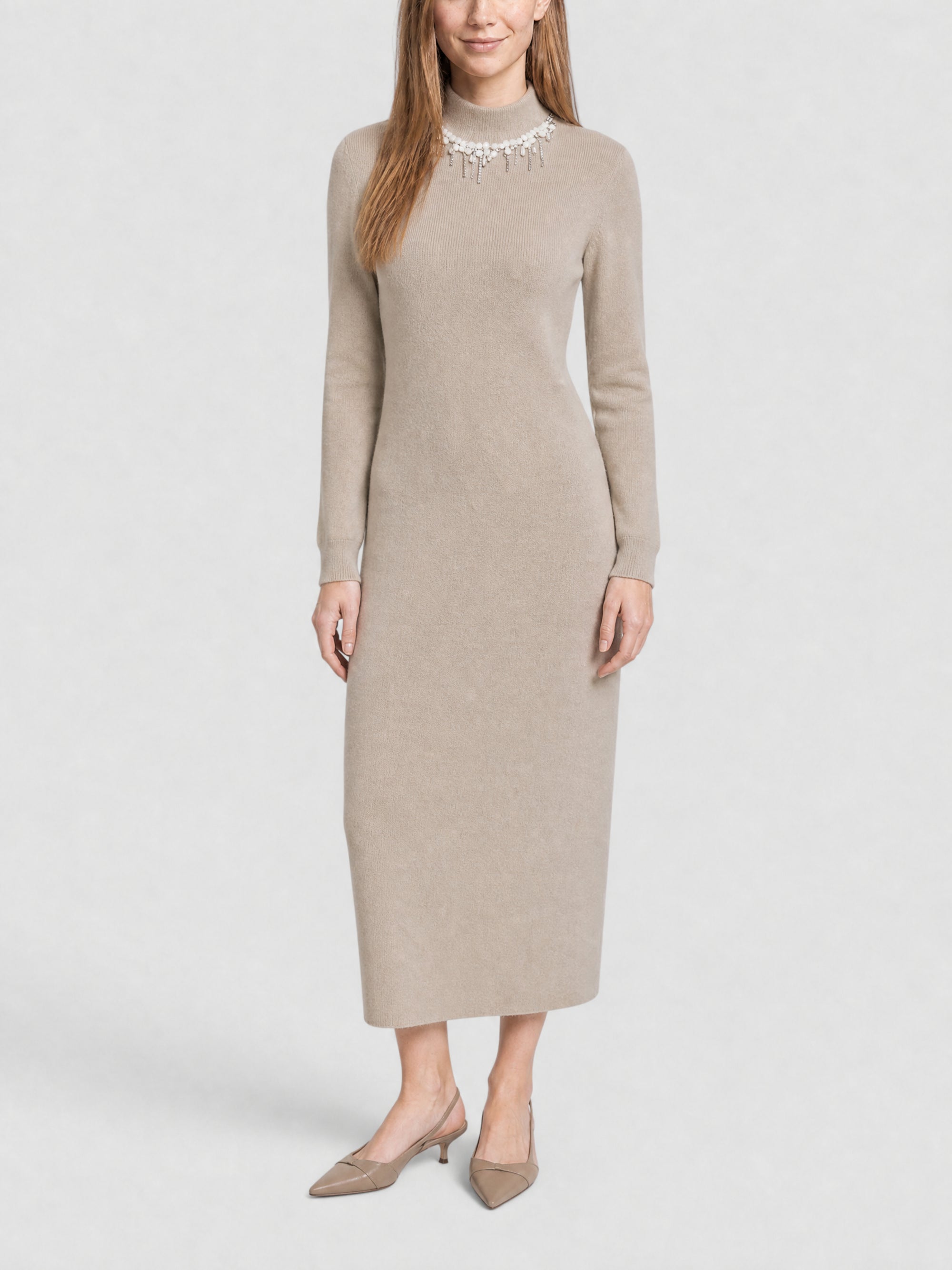 Robe brodée à franges cristal en laine - Natural Beige