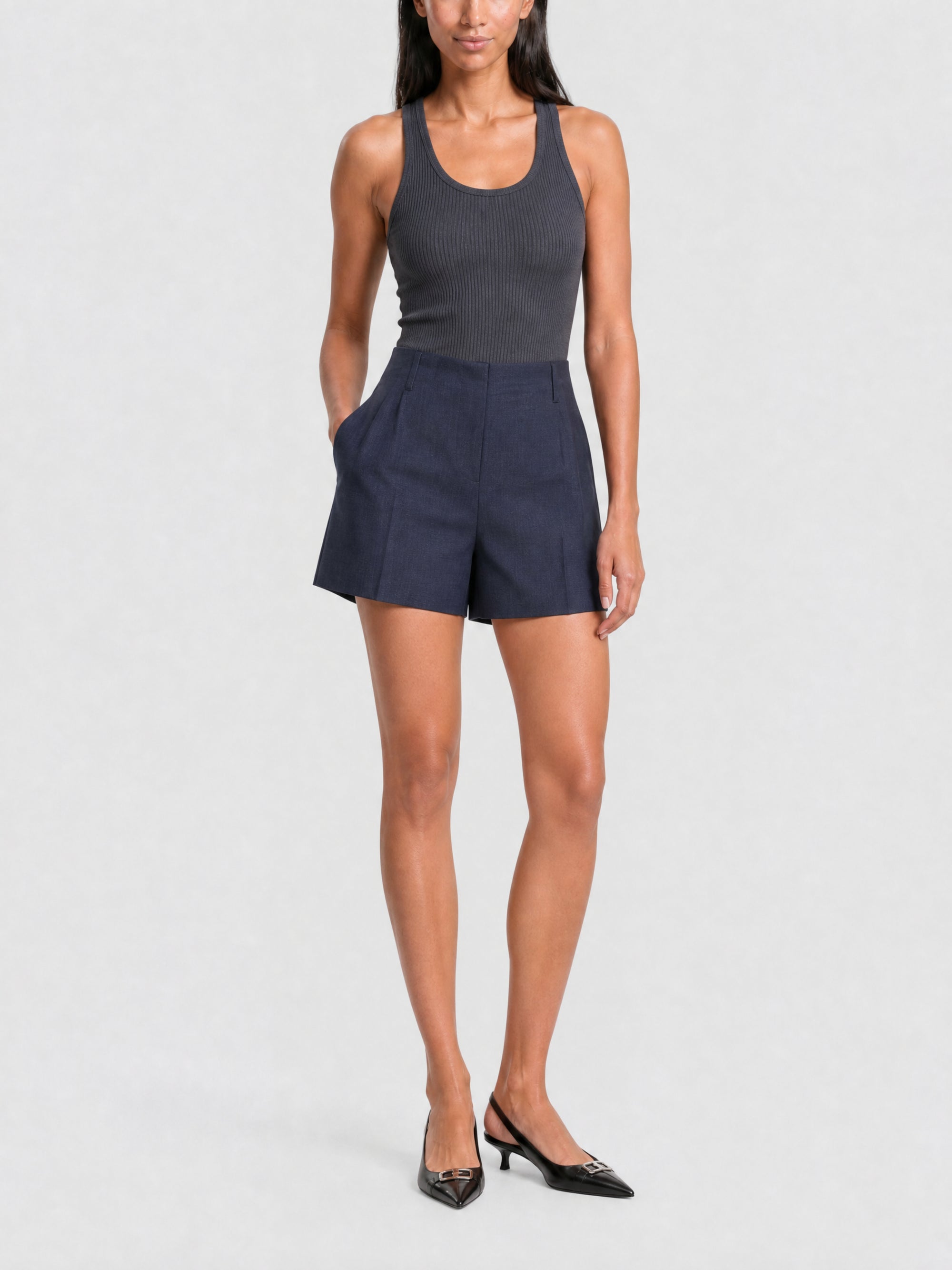 Short taille haute en laine - Denim Blue