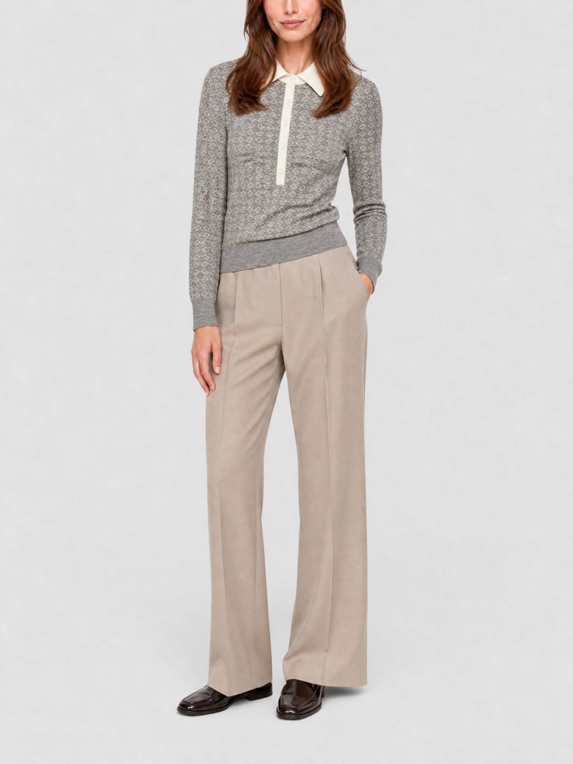 Pull col polo manches longues en laine - Beige