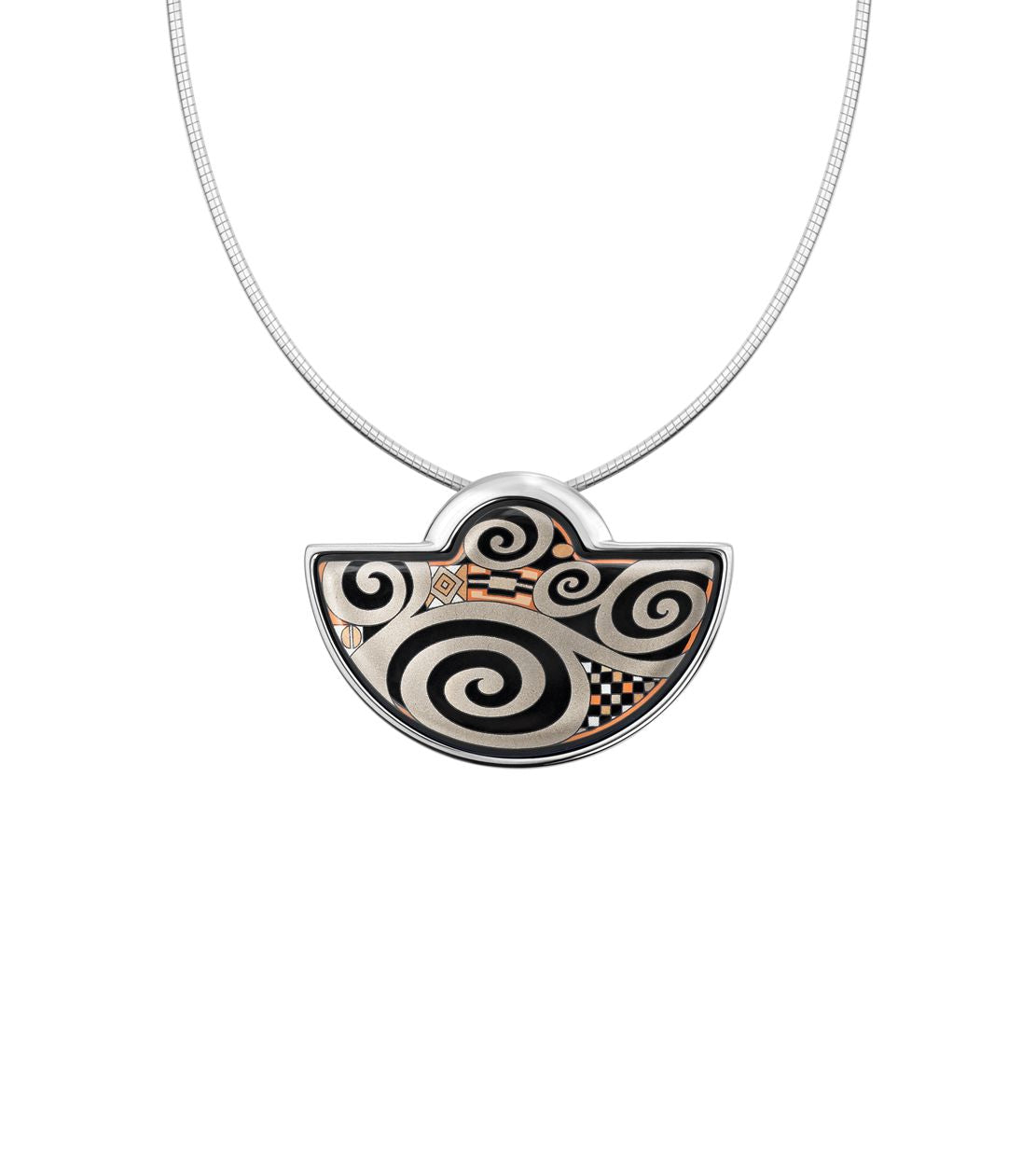 Collier Half-round big en émail et plaqué au rhodium - Noir & argent & orange