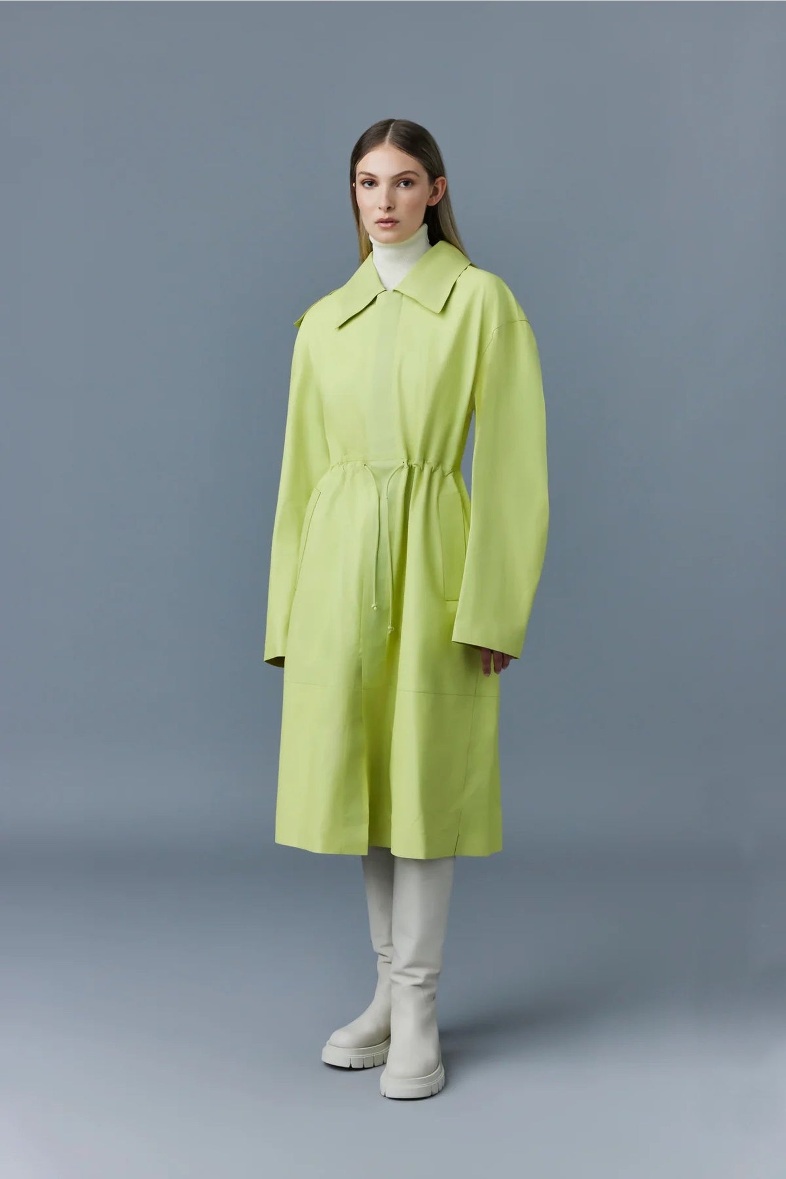 Manteau long Glory à cordon de serrage en cuir - Pale Lime