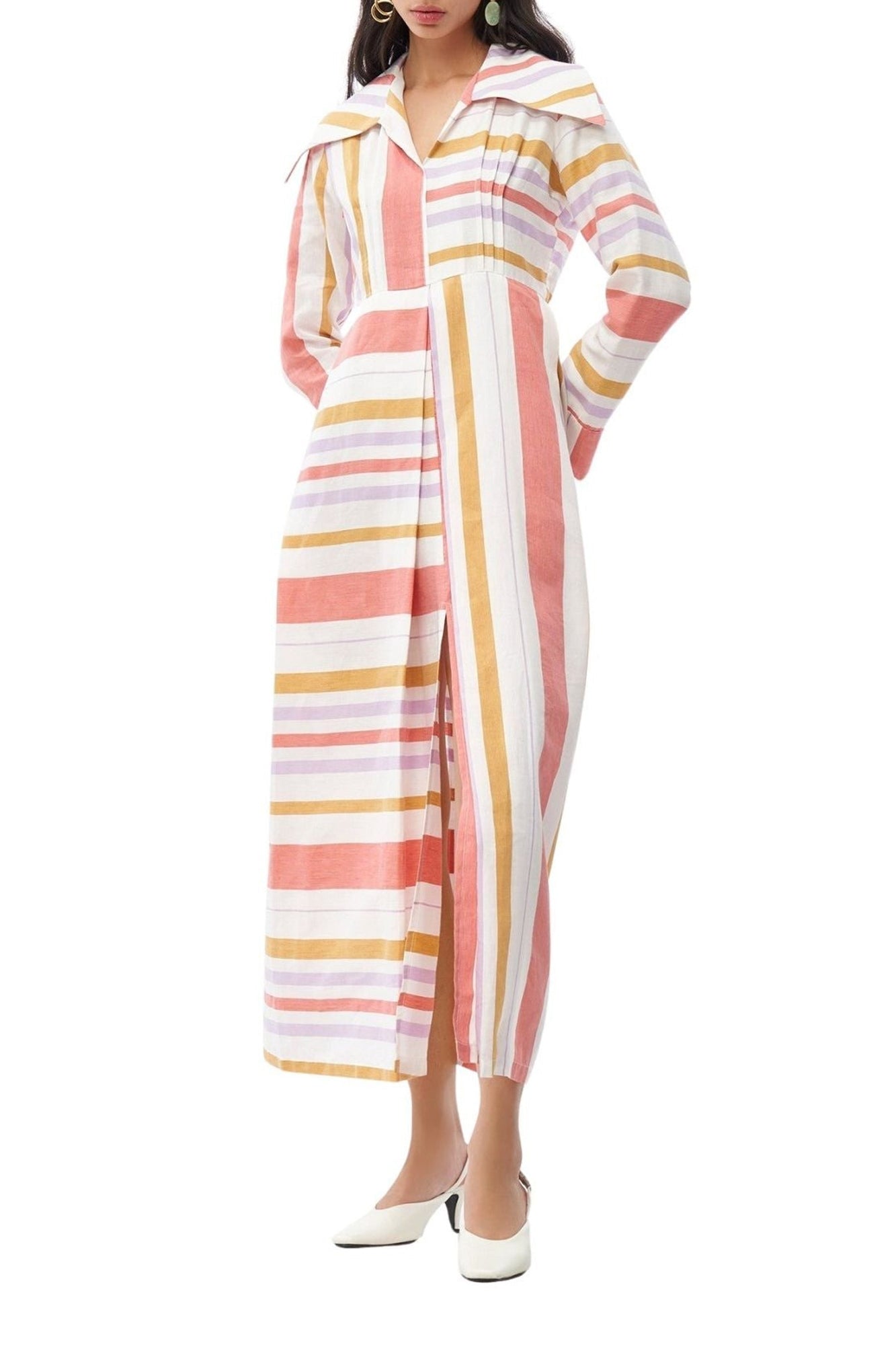 WHITE ORANGE & LILAC URS DRESS STRIPES robe longue rayée avec col