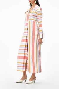 WHITE ORANGE & LILAC URS DRESS STRIPES robe longue rayée avec col