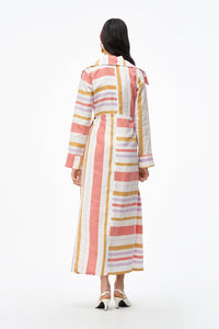 WHITE ORANGE & LILAC URS DRESS STRIPES robe longue rayée avec col