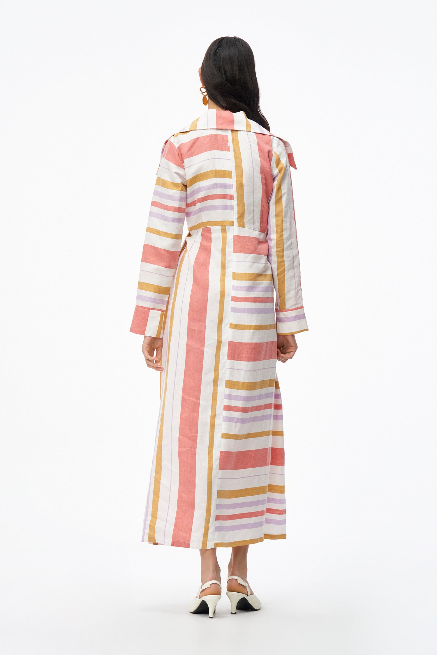 WHITE ORANGE & LILAC URS DRESS STRIPES robe longue rayée avec col