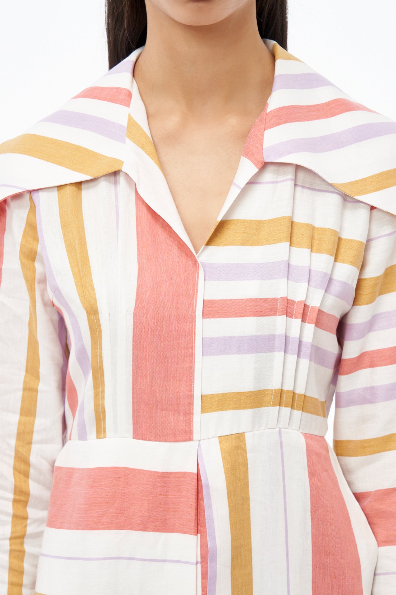 WHITE ORANGE & LILAC URS DRESS STRIPES robe longue rayée avec col