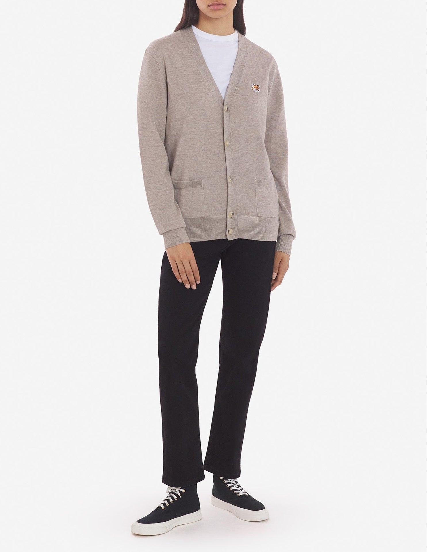 Cardigan à col V en laine - Beige Melange