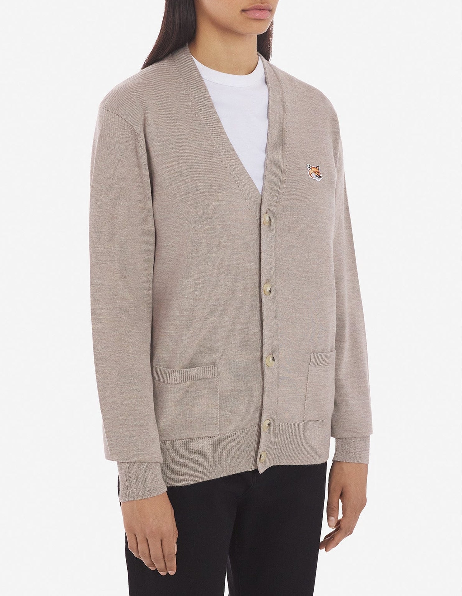 Cardigan à col V en laine - Beige Melange