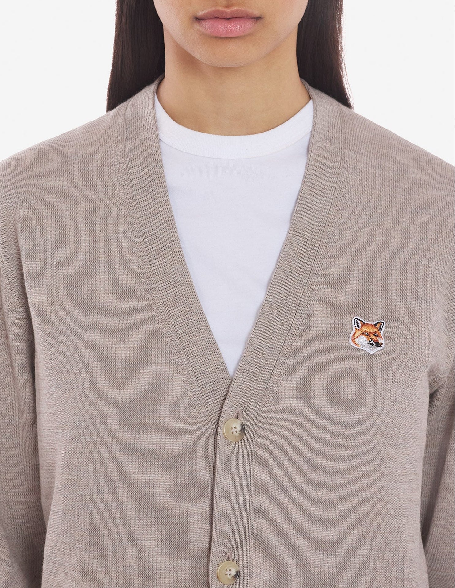 Cardigan à col V en laine - Beige Melange