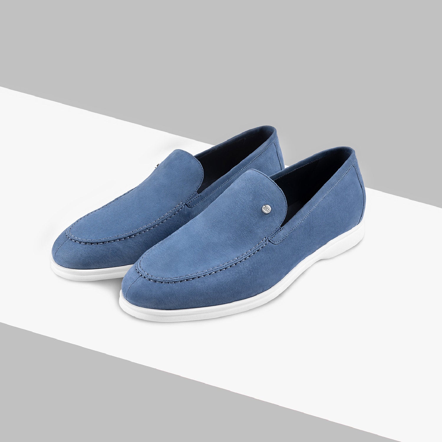 Mocassins avec logo métallique en daim - Bleu & Blanc