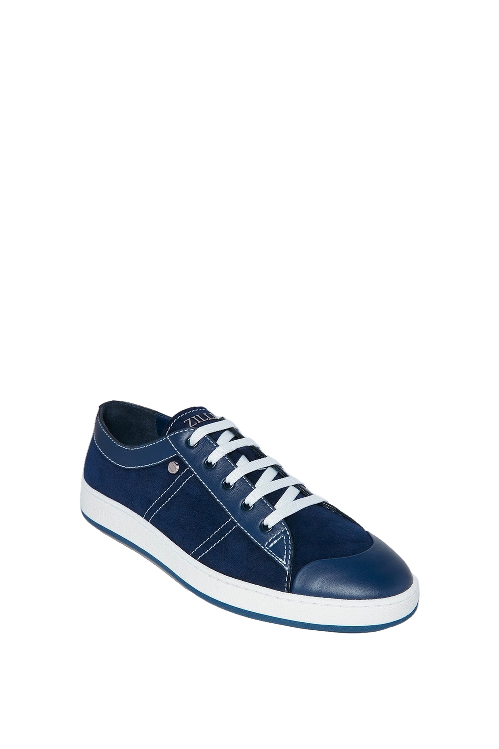 Baskets basses à surpiqûres en cuir et daim - Bleu & Blanc