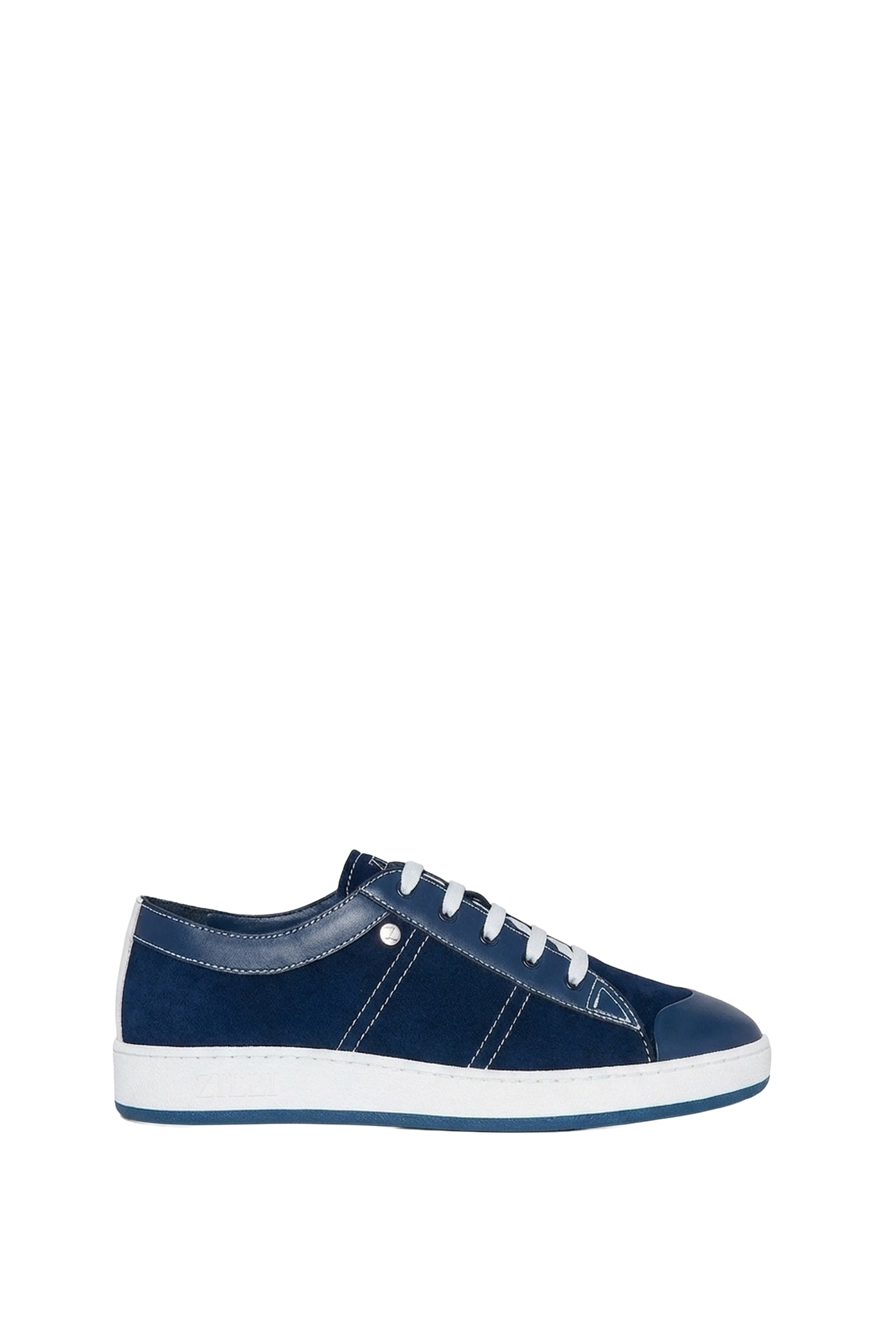 Baskets basses à surpiqûres en cuir et daim - Bleu & Blanc