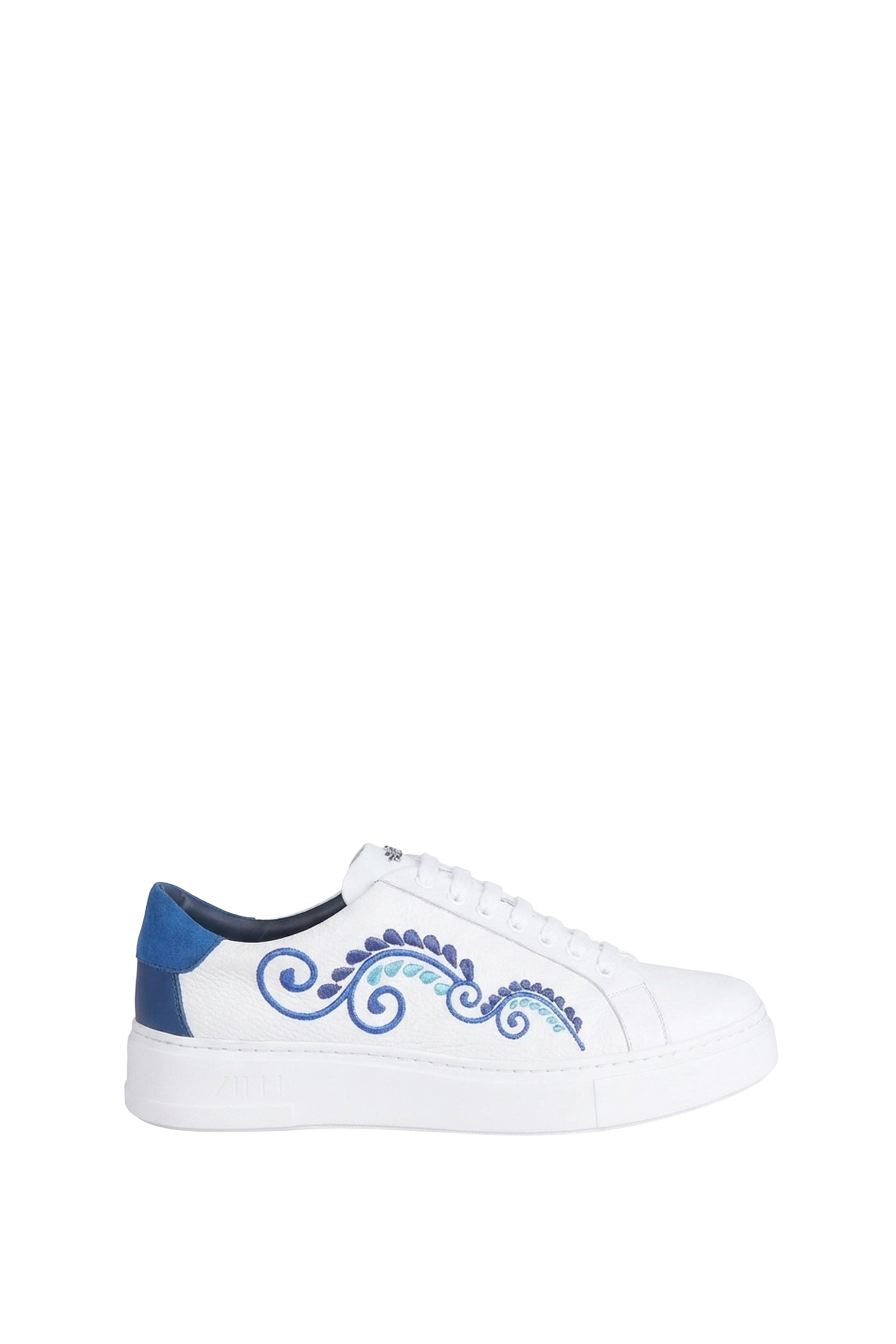 Low trainers with floral embroidery in exotic leather - White & Blue