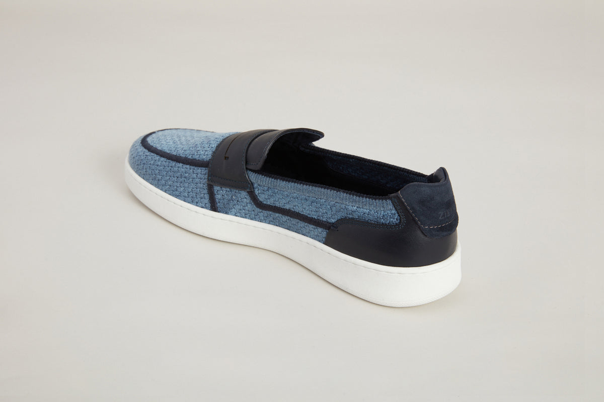 Mocassins bi matière en lin et cuir - Dark Navy