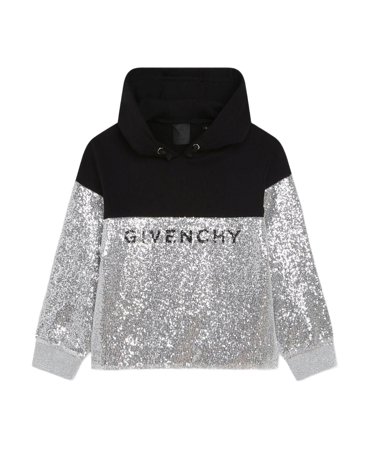 Sweat à capuche bi-matière en molleton et sequins métallisés - Black
