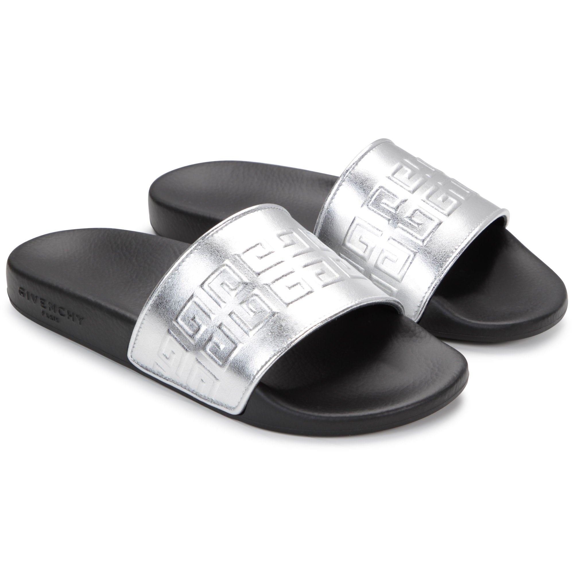 Sheepskin leather embossed slide sandals - Silver