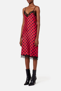 Robe midi à bretelles avec dentelle en soie - Red & Black