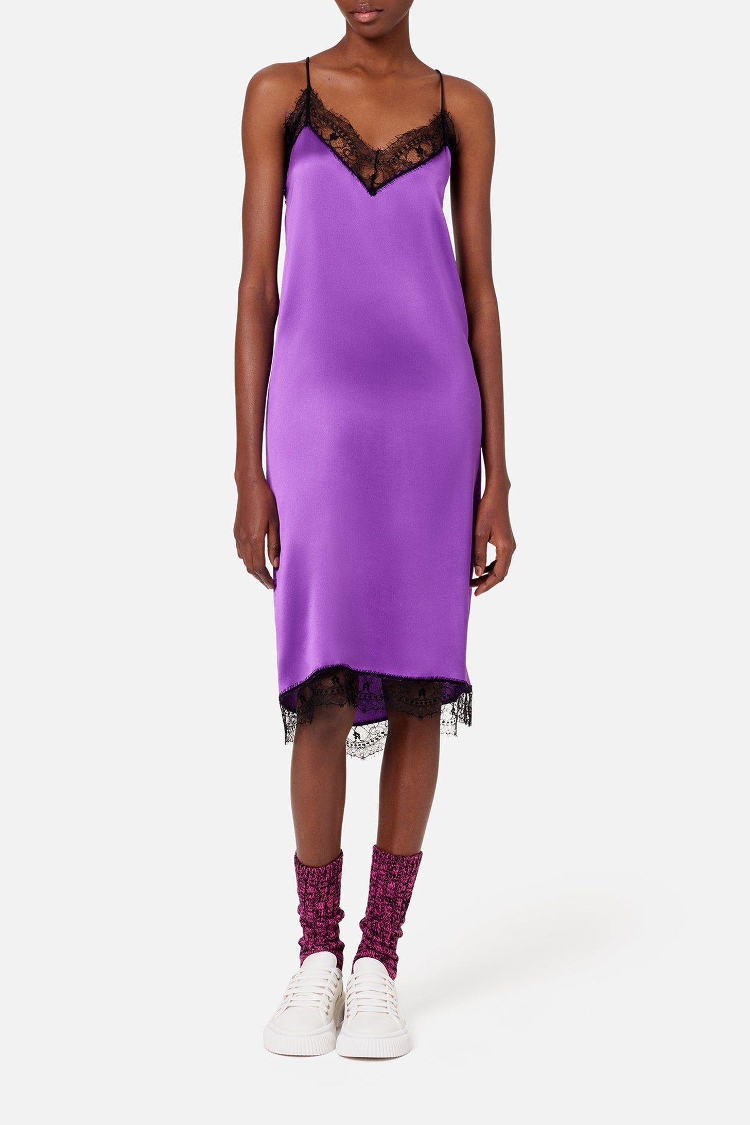 Robe midi à bretelles avec dentelle en soie - Purple