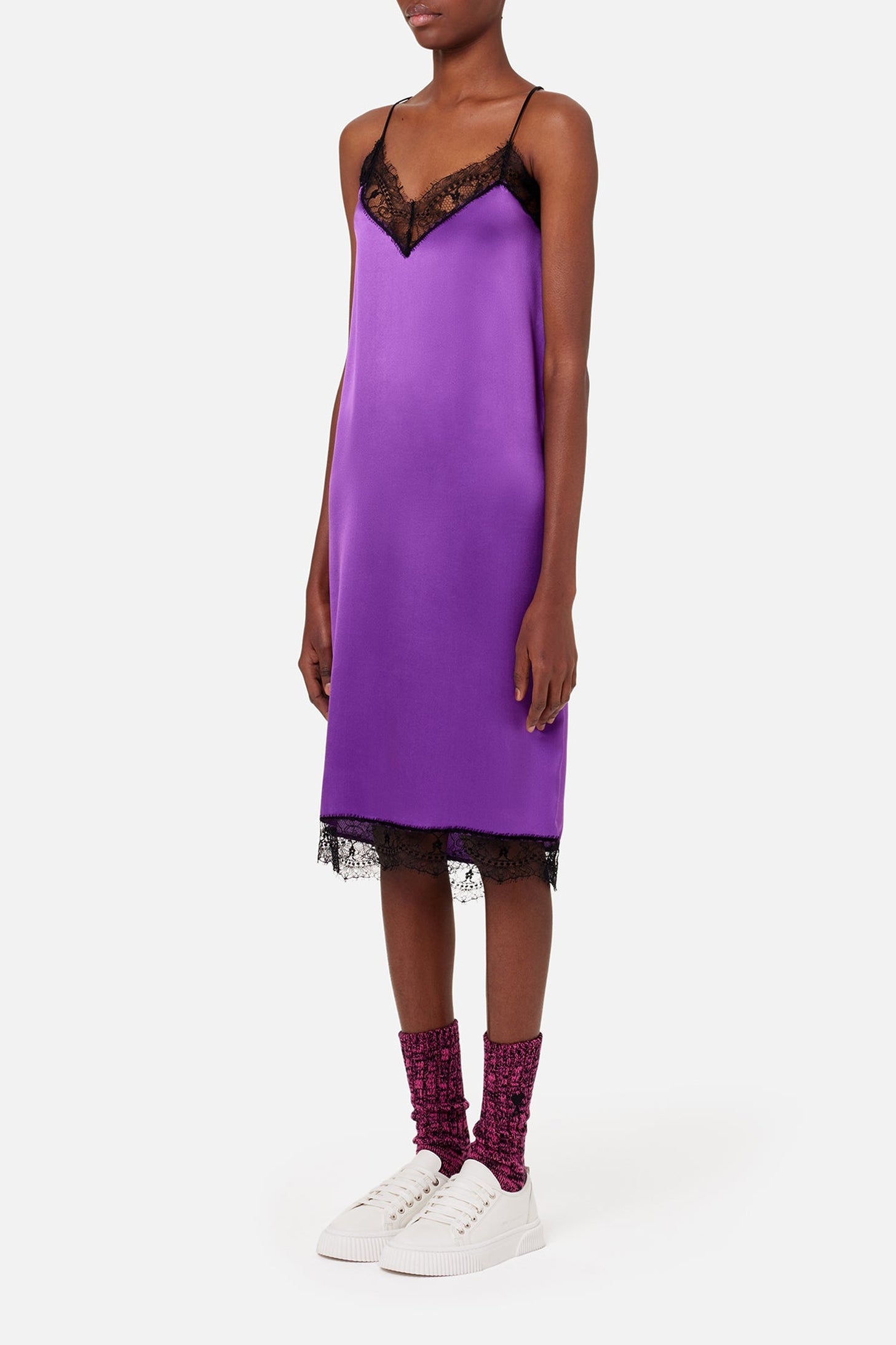Robe midi à bretelles avec dentelle en soie - Purple