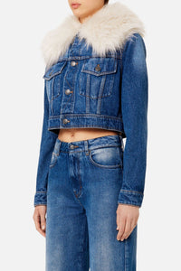 Veste avec à col fourré en denim - Used Blue