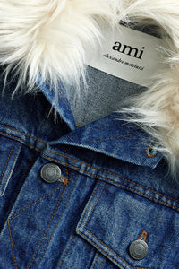 Veste avec à col fourré en denim - Used Blue