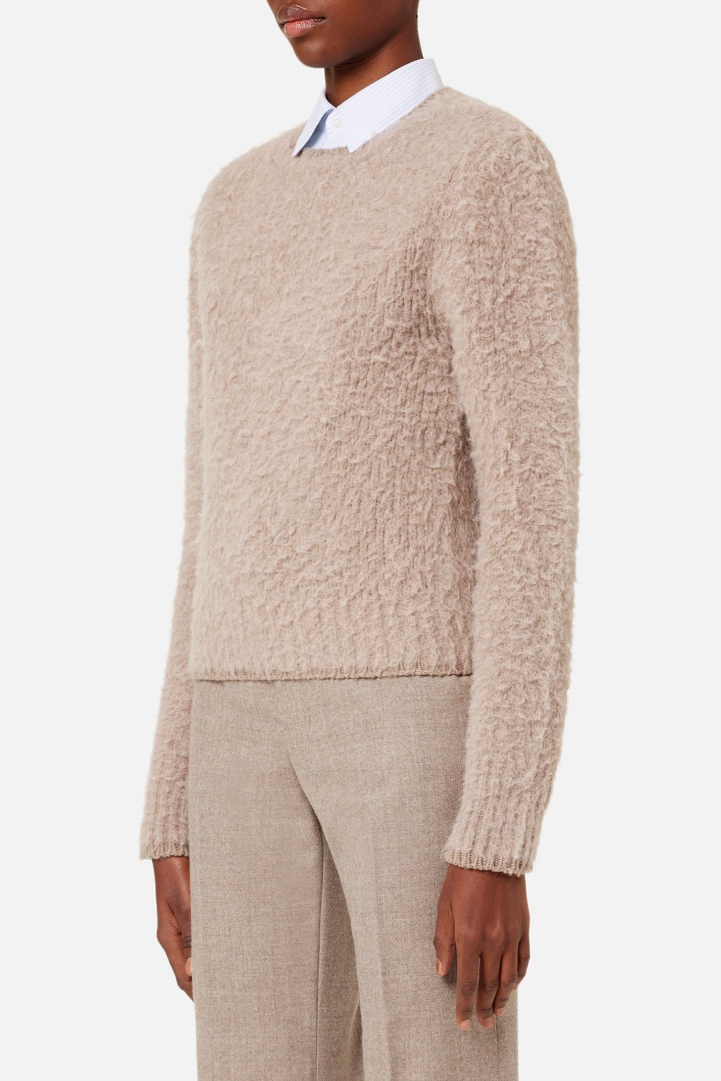 Pull brossé à col rond en laine - Beige