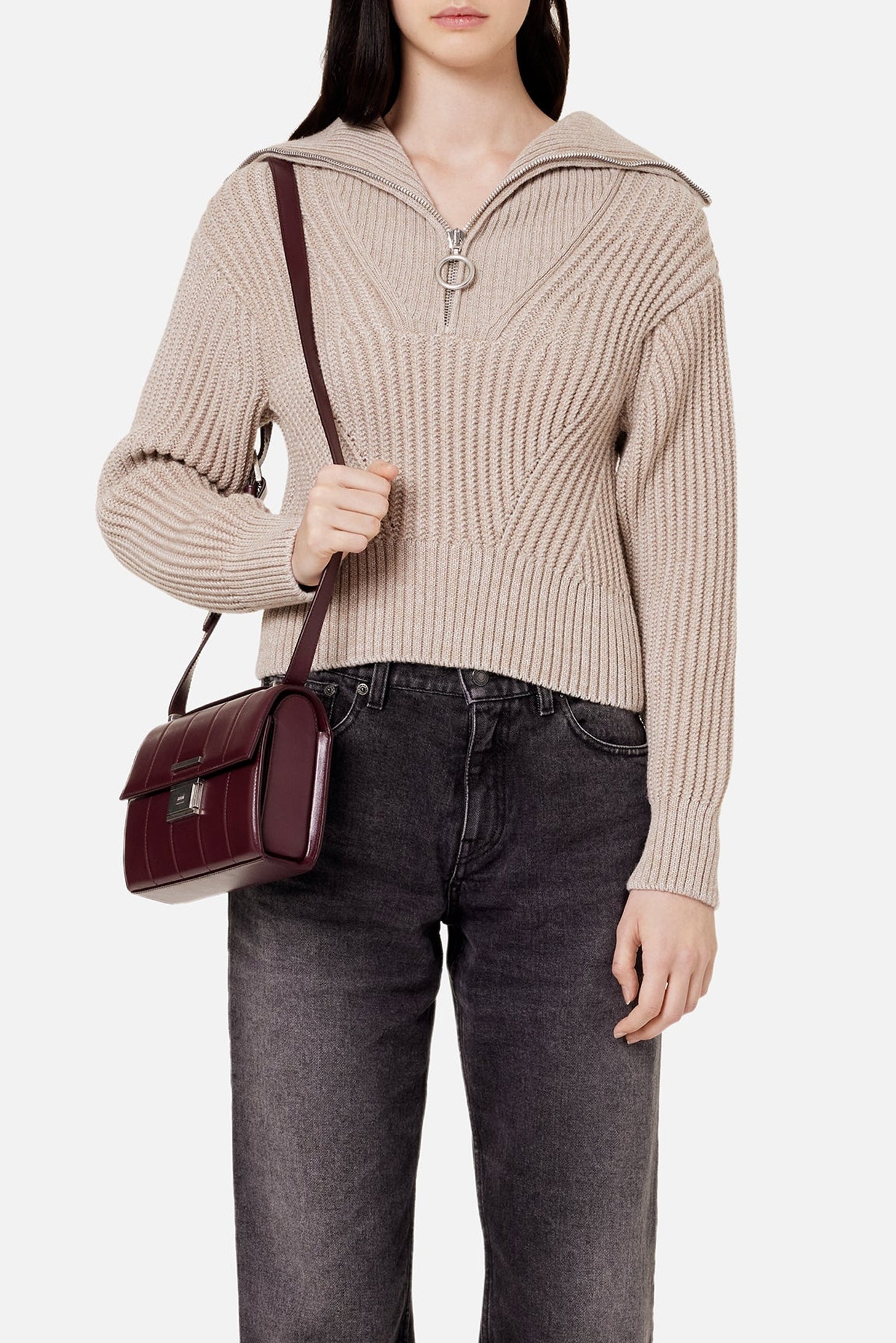 Pull camionneur côtelé en laine - Beige