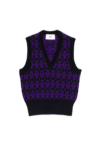 Sleeveless wool V-neck jacquard jumper - Black & Purple