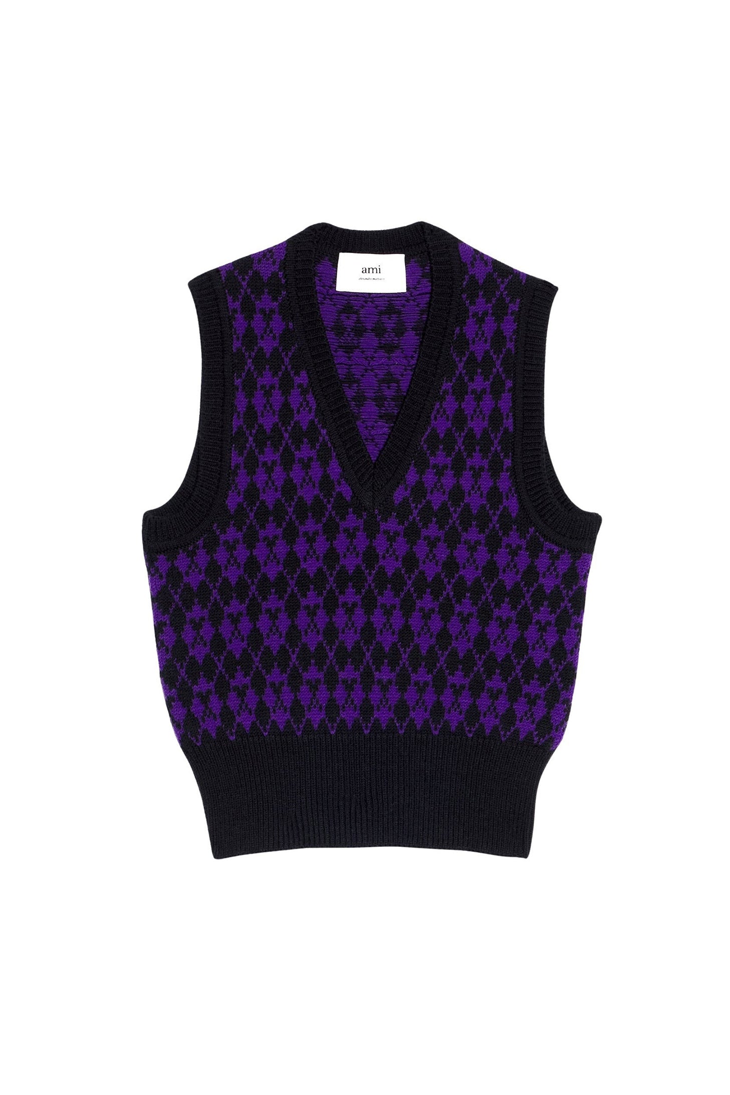 Sleeveless wool V-neck jacquard jumper - Black & Purple