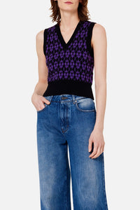 Sleeveless wool V-neck jacquard jumper - Black & Purple
