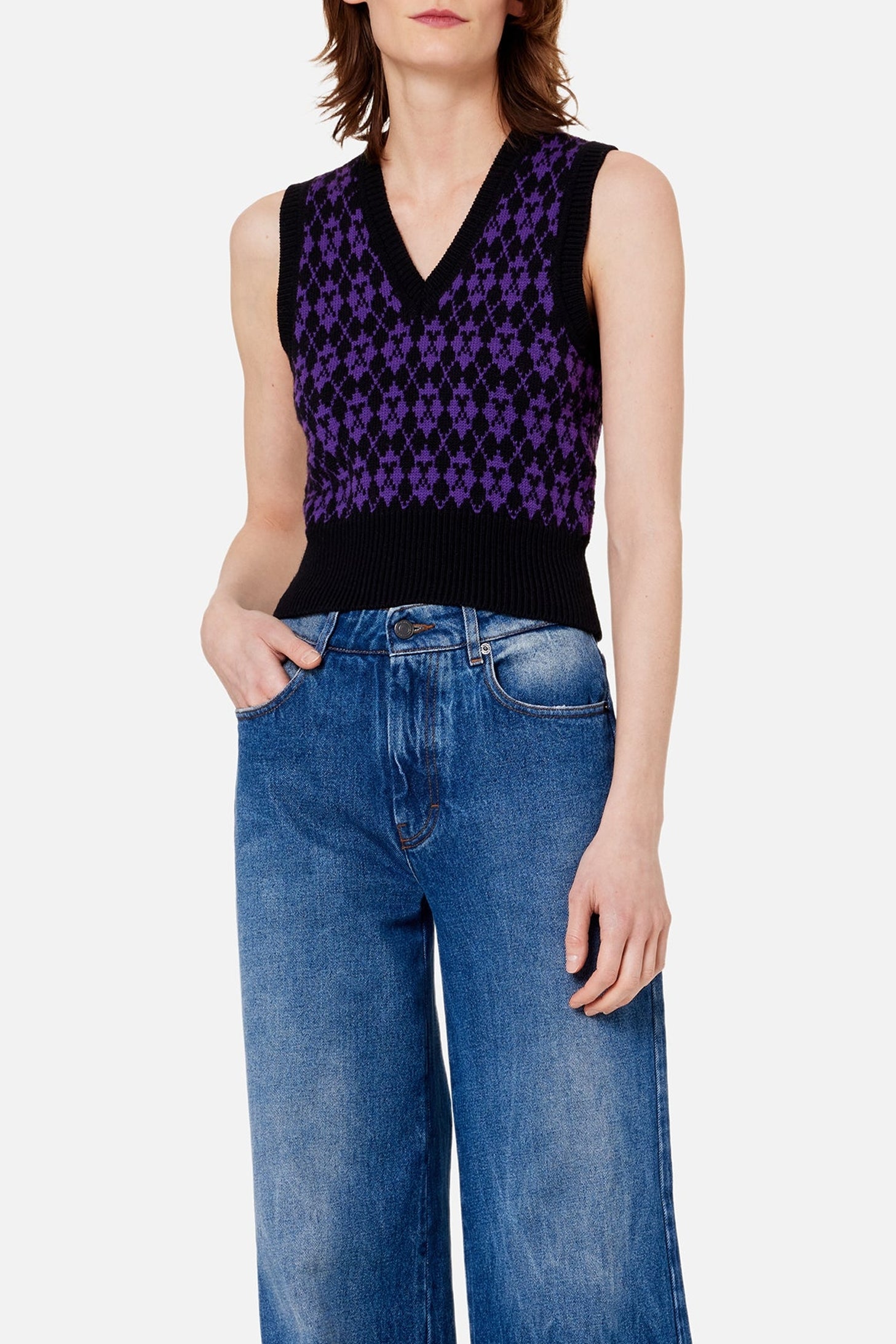 Sleeveless wool V-neck jacquard jumper - Black & Purple