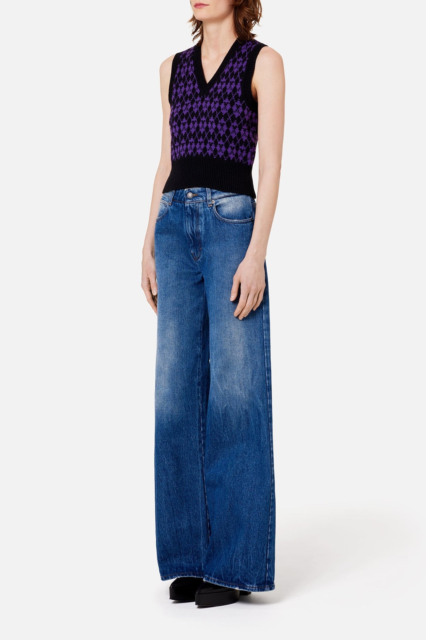 Sleeveless wool V-neck jacquard jumper - Black & Purple