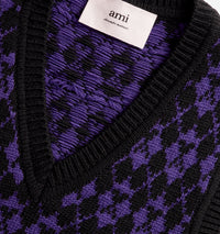 Sleeveless wool V-neck jacquard jumper - Black & Purple