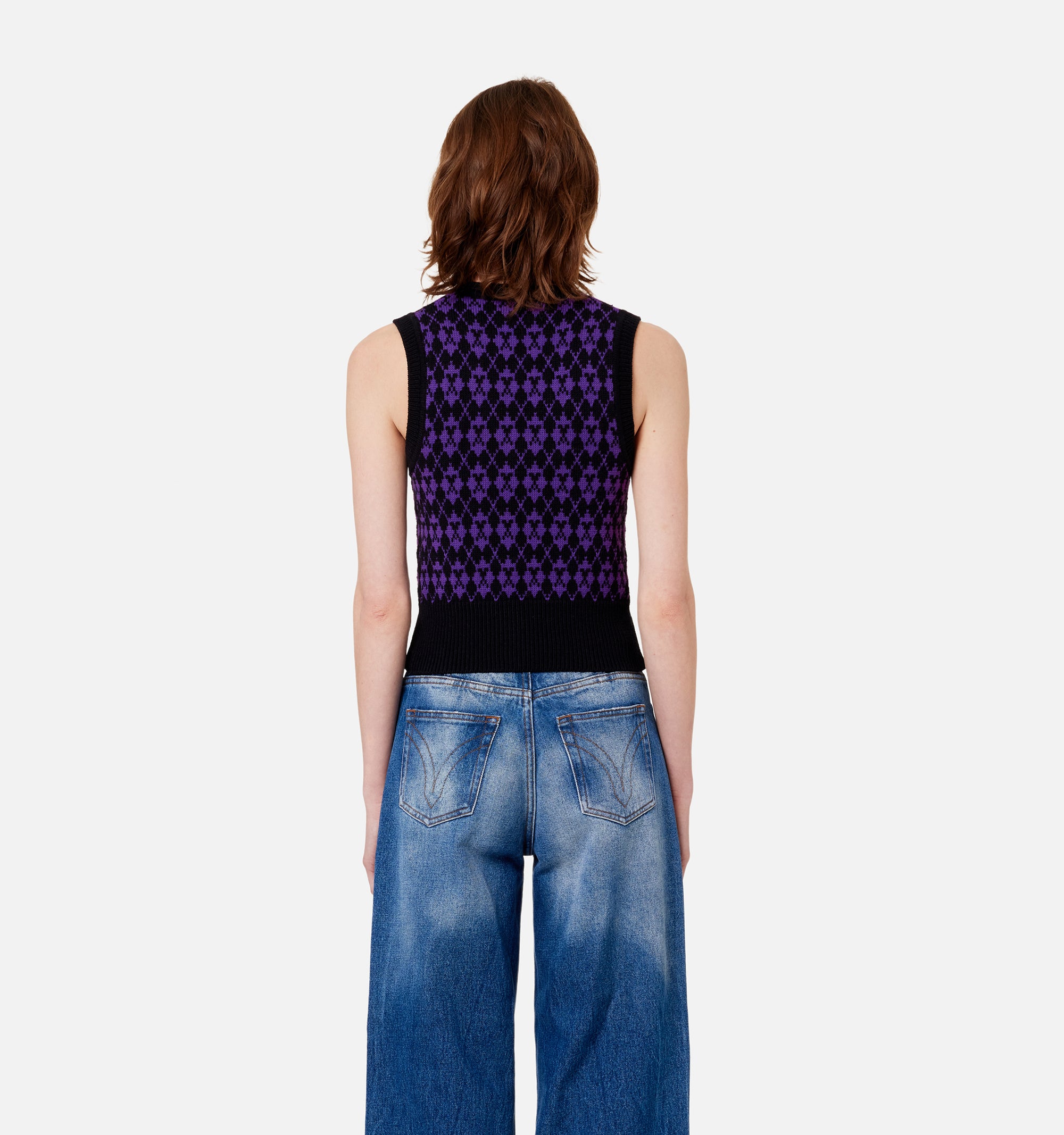 Sleeveless wool V-neck jacquard jumper - Black & Purple