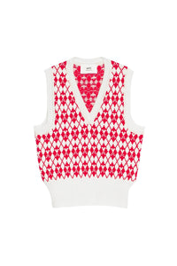 Pull jacquard sans manches à col V en laine - Off White & Red