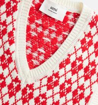 Pull jacquard sans manches à col V en laine - Off White & Red