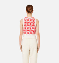 Pull jacquard sans manches à col V en laine - Off White & Red