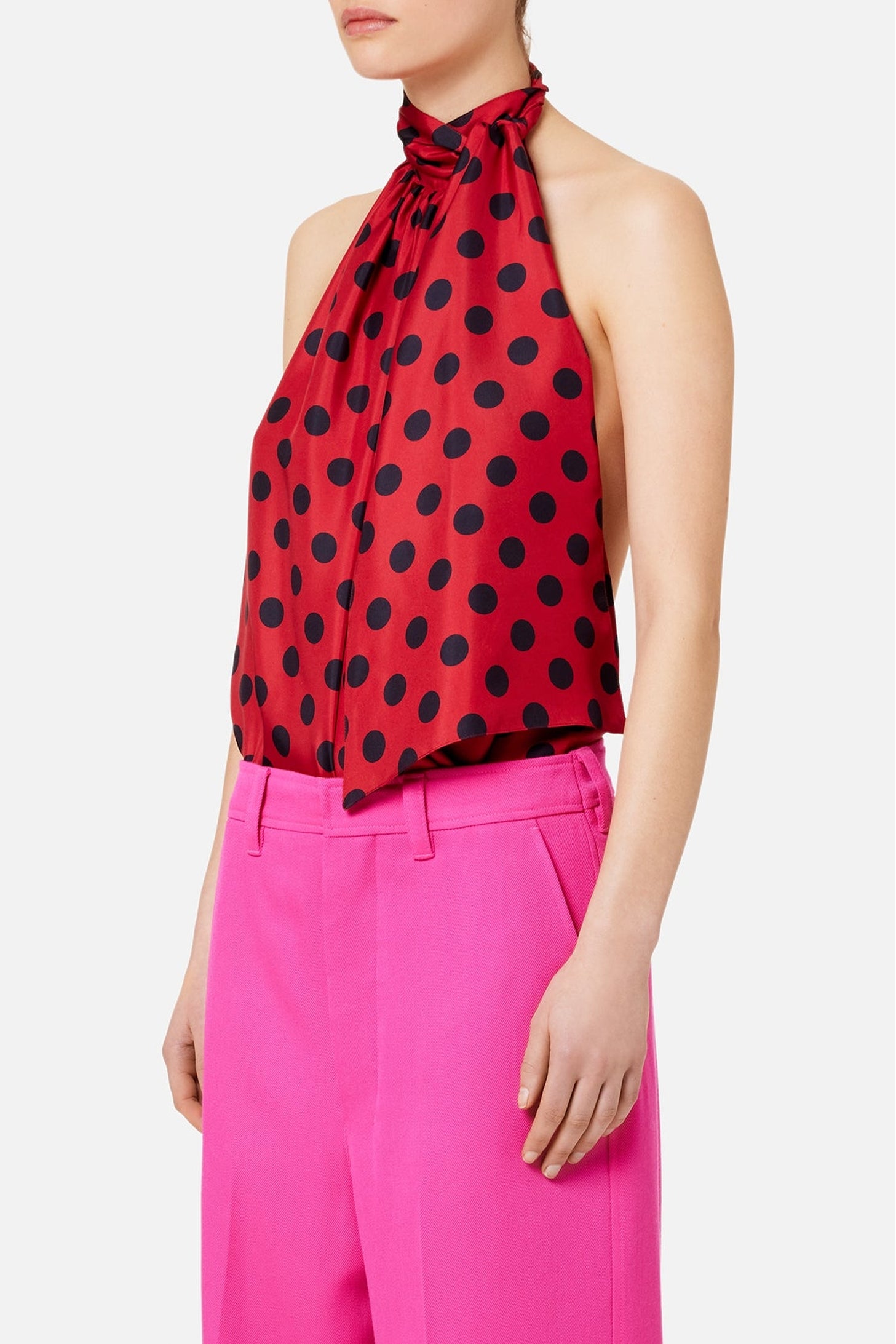 Pussy neck bodysuit in mixed silk - Red & Black