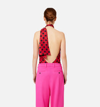 Pussy neck bodysuit in mixed silk - Red & Black