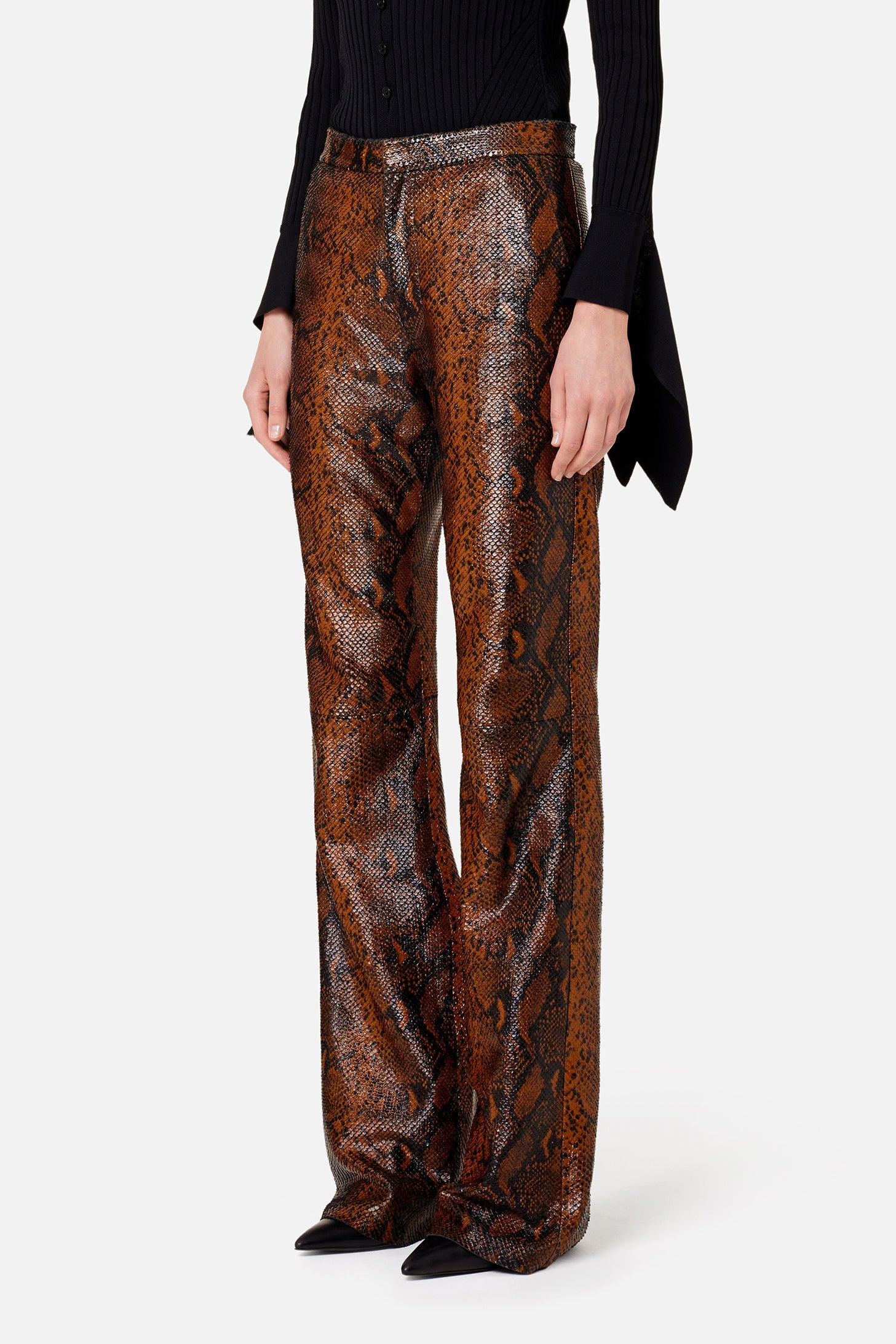Pantalon large texturé en cuir - Cognac