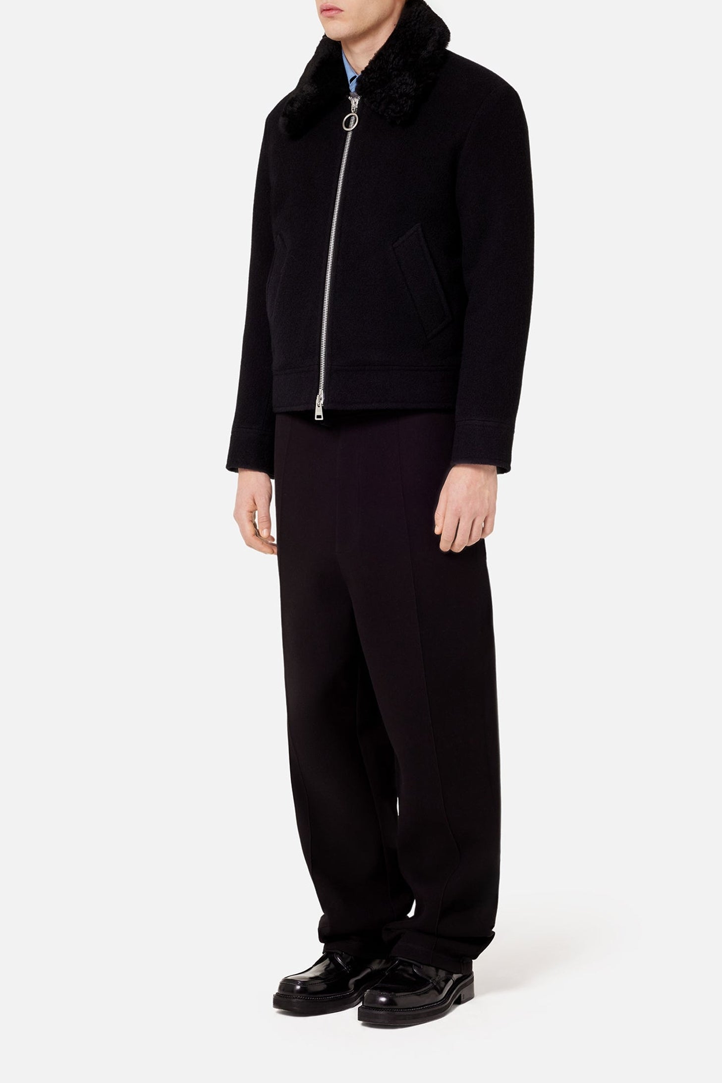 Veste zippée à col amovible en laine - Black