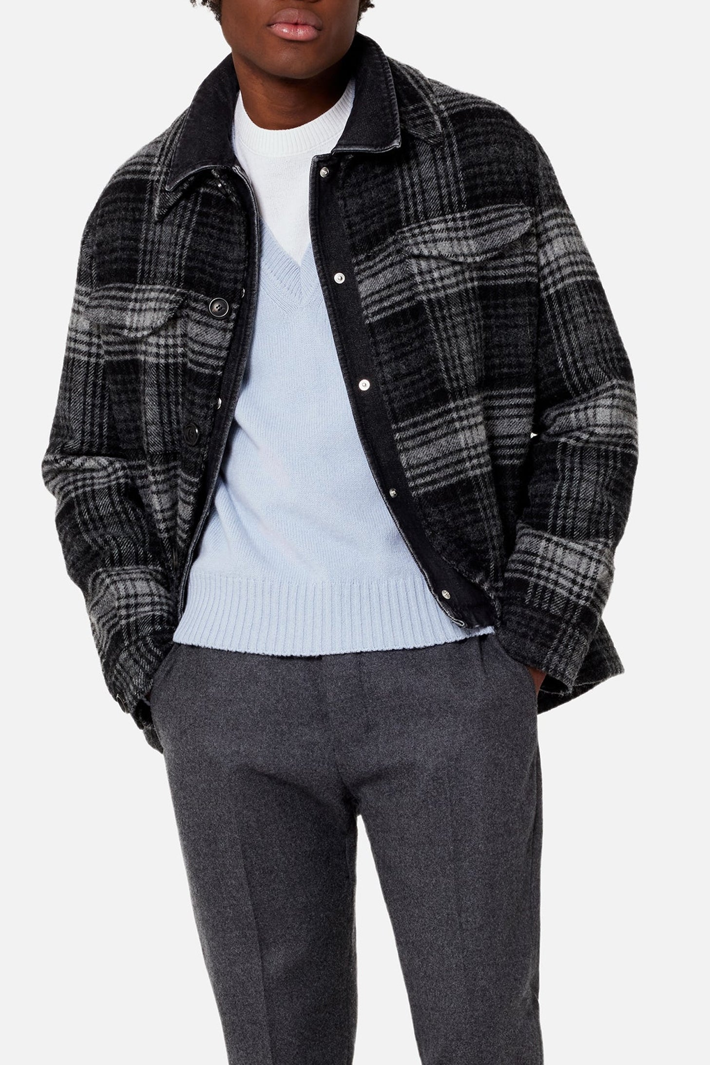 Surchemise boutonnée à poches plaquées en laine - Grey & Black