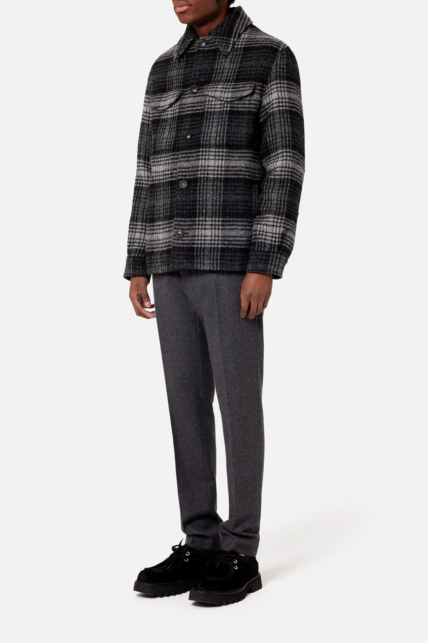 Surchemise boutonnée à poches plaquées en laine - Grey & Black