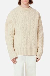 Pull à col rond torsadé en laine - Off White
