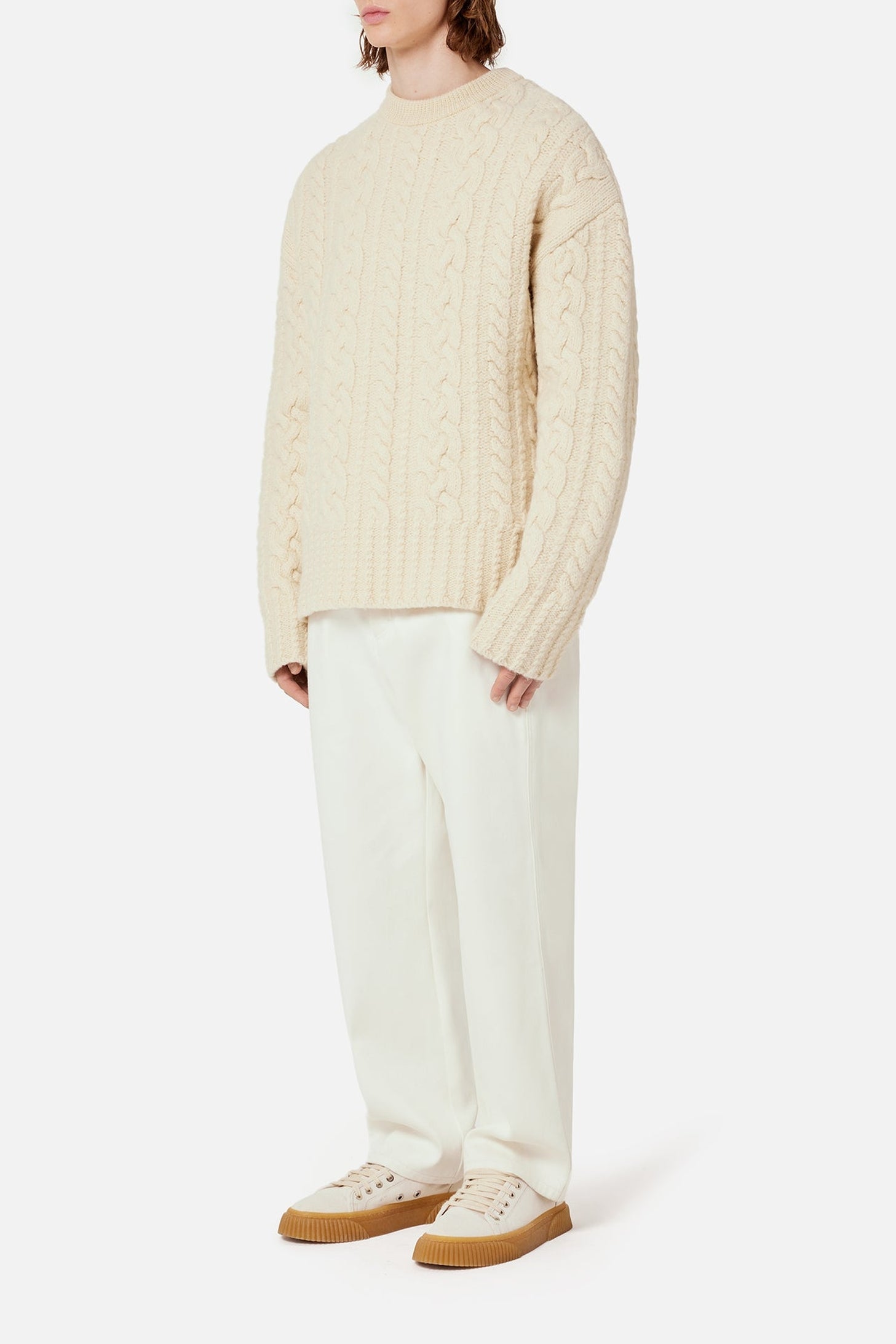 Pull à col rond torsadé en laine - Off White