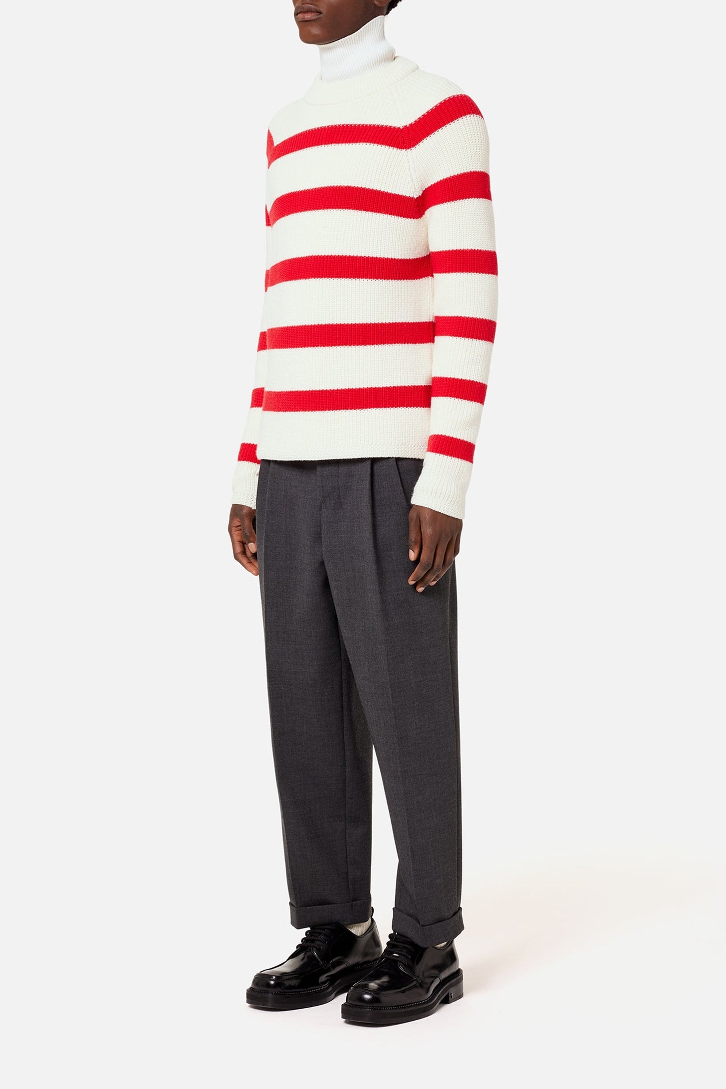 Pull à col rond rayé en laine - Off White & Red
