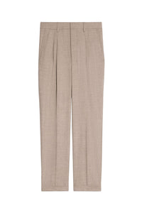 Pantalon coupe carotte à revers et pinces en laine - Beige