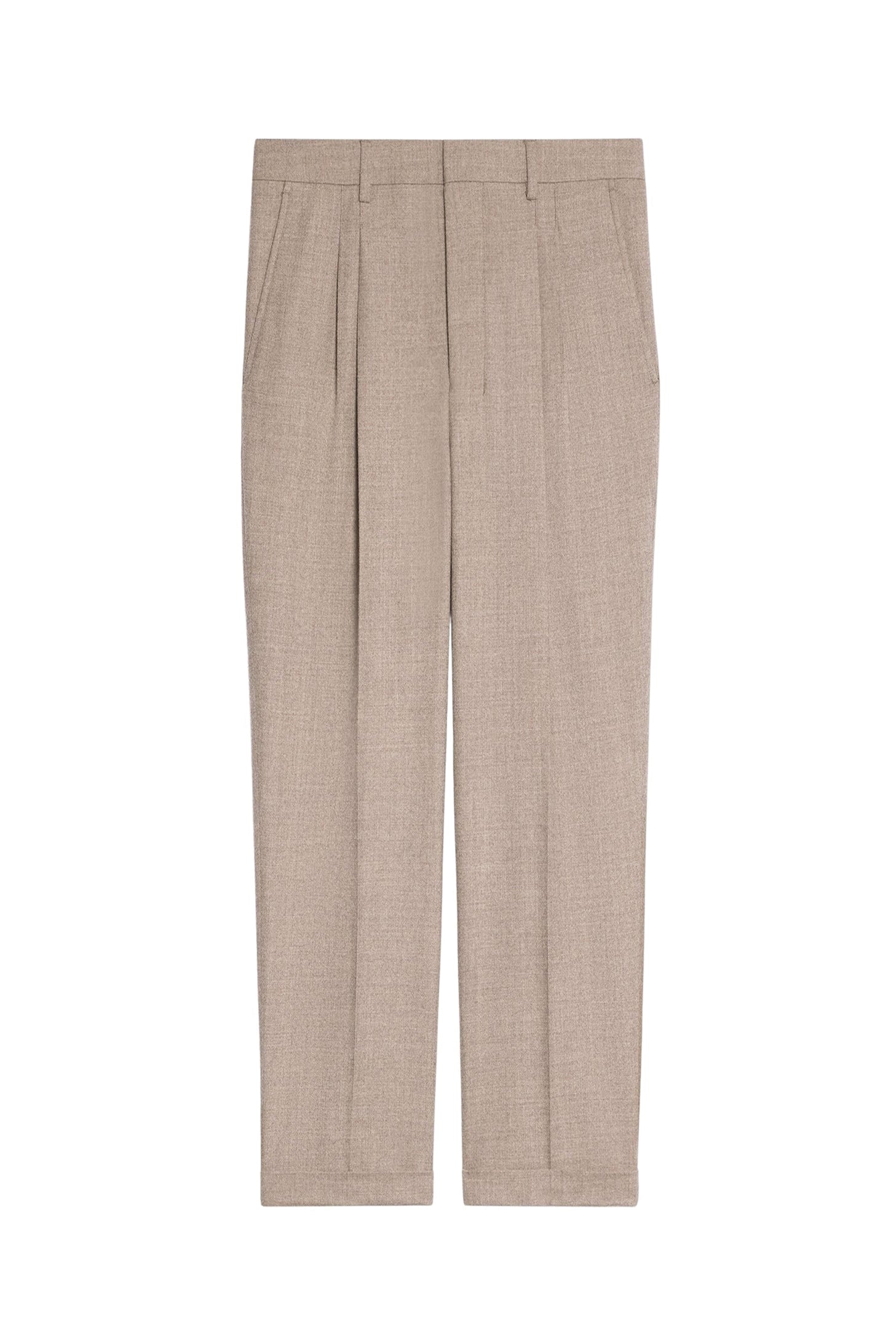 Pantalon coupe carotte à revers et pinces en laine - Beige